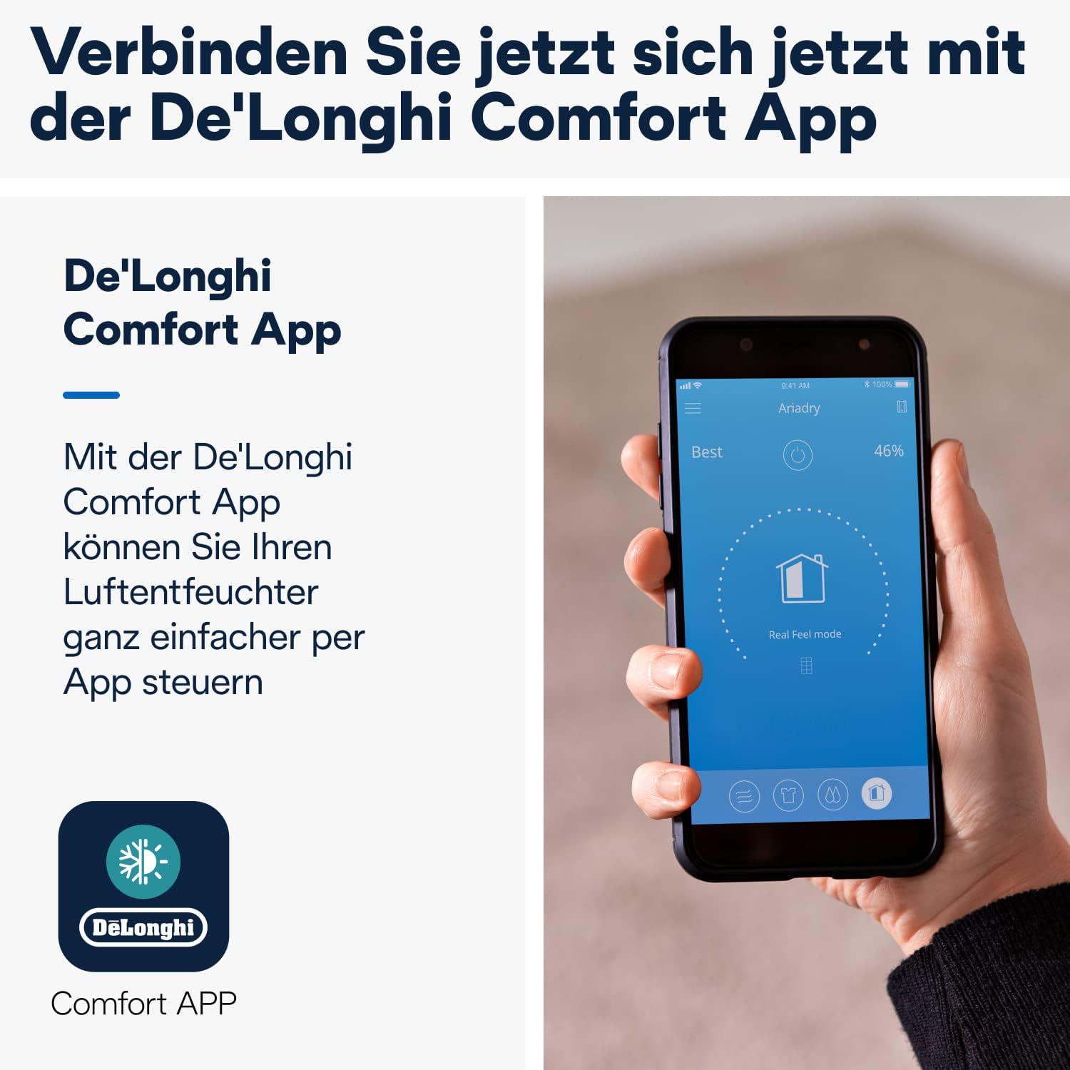 De'Longhi Comfort App interface on a smartphone