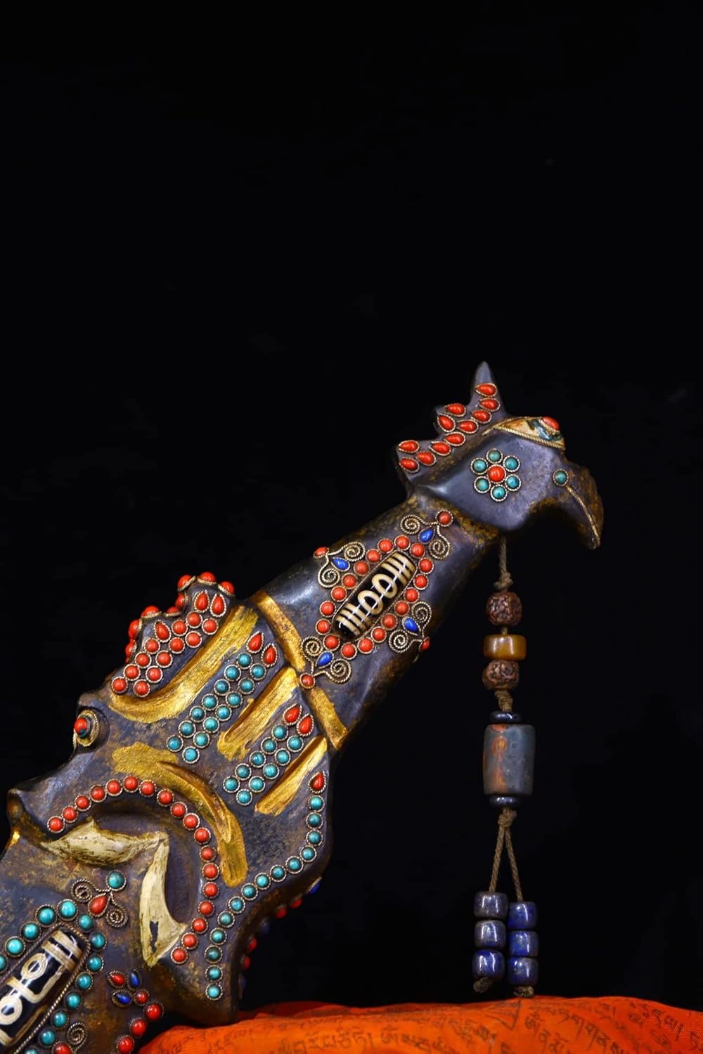 17" Tibetan Temple Collection Natural Meteorite Mosaic gem Dzi Beads Animal Head Sword Shape Buddhist Utensils Amulet Town House