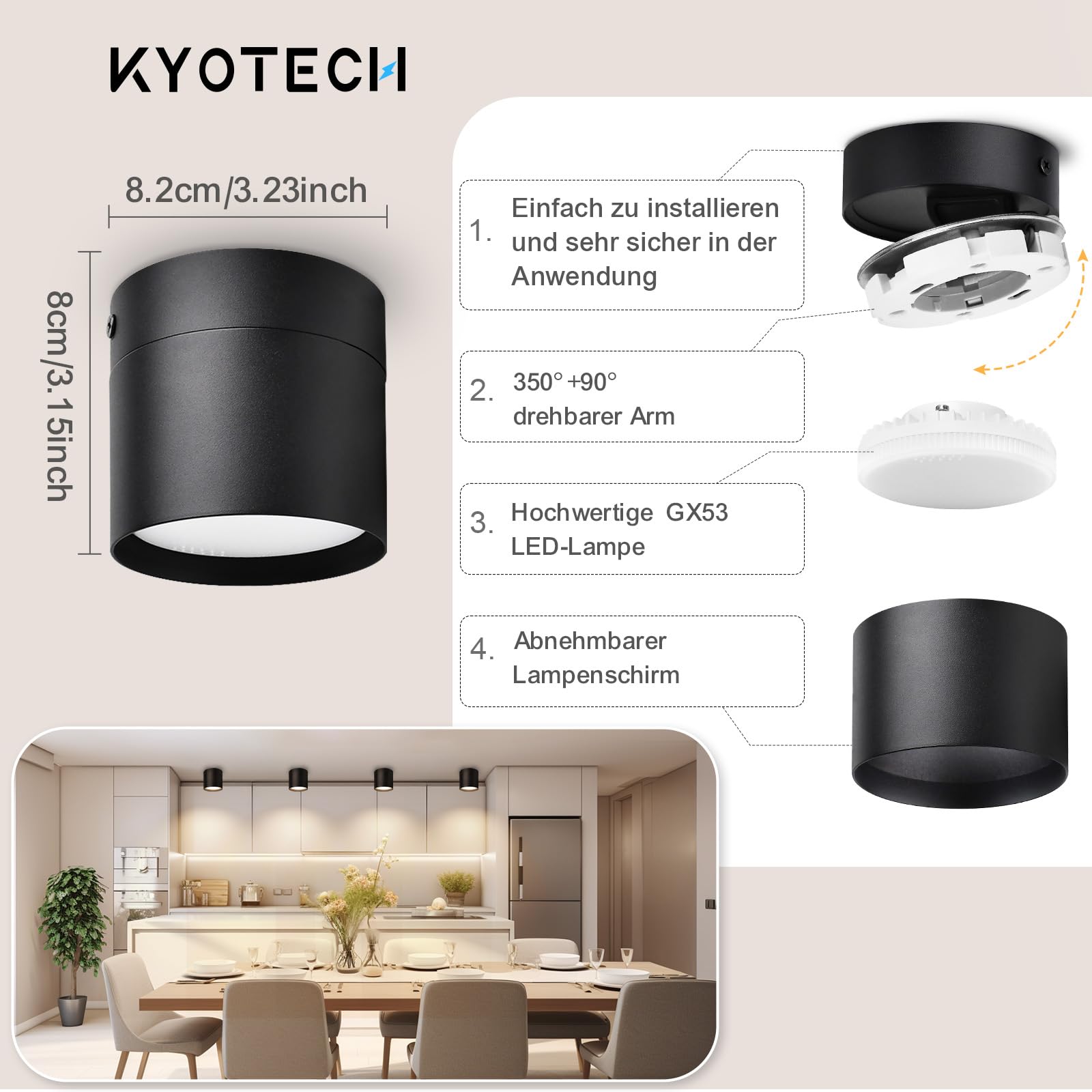 KYOTECH 4er Set Schwenkbar LED Aufbauspot 230V Ø82×80mm Deckenspots Schwarz Aufbaustrahler Flach inkl. 6W 550LM GX53 LED Leuchtmittel Warmweiß 3000K Aufputz Spots Rund Deckenleuchte