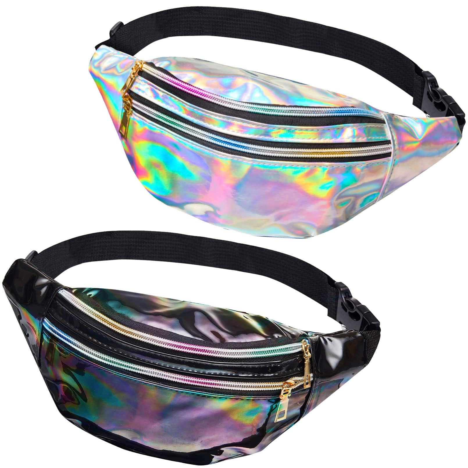 JunD 2 Stück Bauchtasche Damen Metallic, Gürteltasche Damen Holografisch, Bauchtasche Damen PU Leder, wasserdichte Reflektierende Bauchtasche, 80er & 90er Jahre Retro Bauchtasche