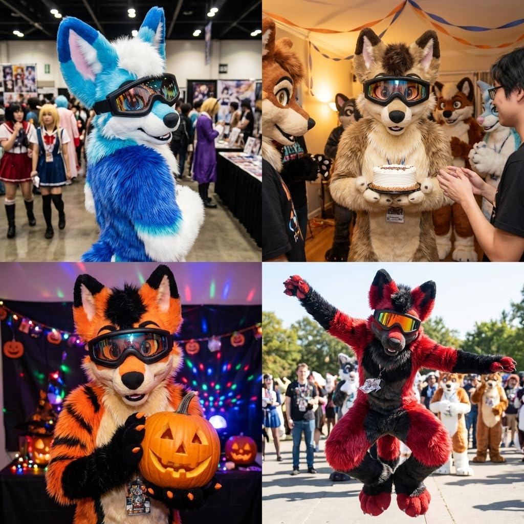 Occhiali da Fursuit con Lenti Riflettenti, Cinturino Regolabile, Accessorio Cosplay per Anime Convention, Furry, Comic Con e Halloween