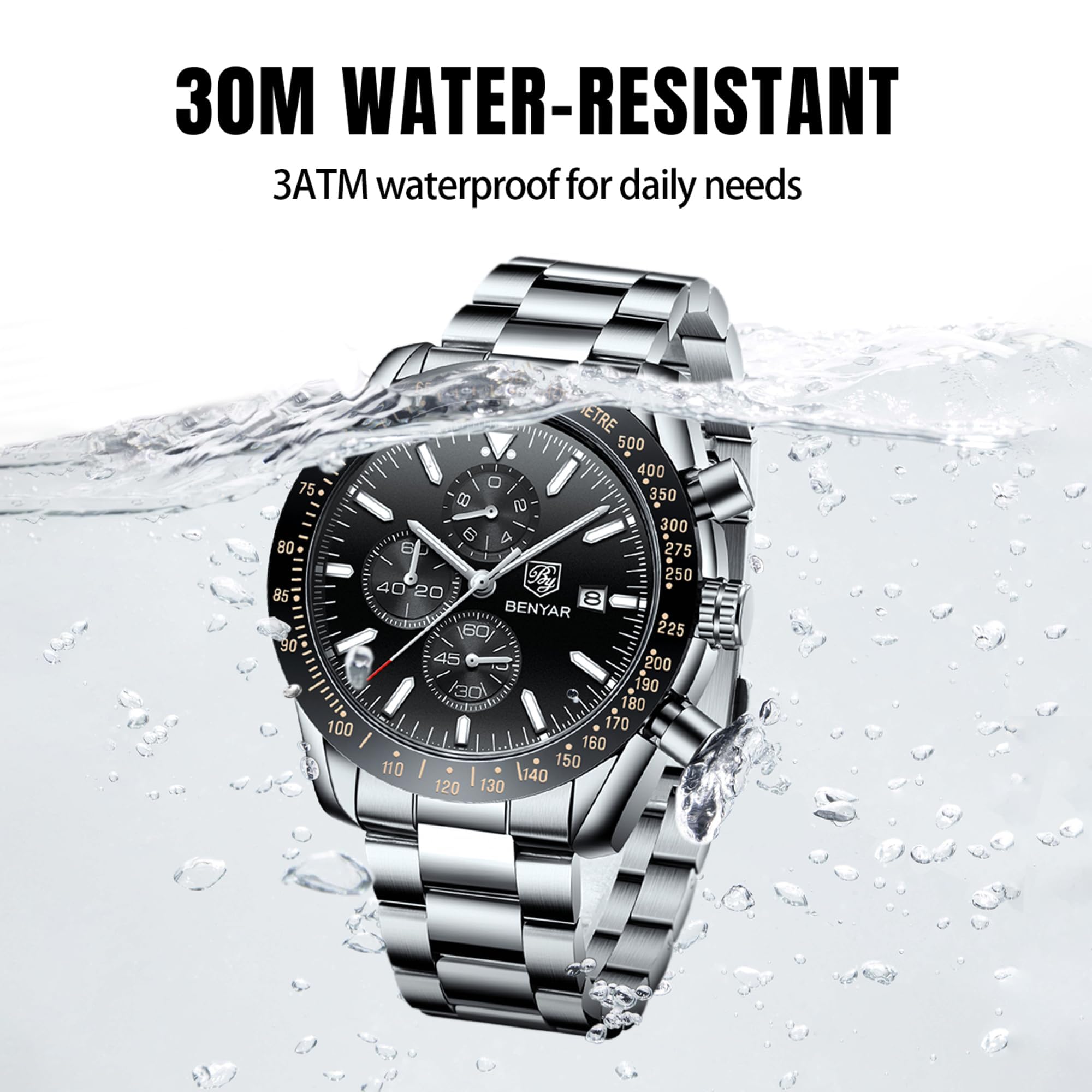 BY BENYAR Orologio Uomo Cronografo Analogico al Quarzo Impermeabile Orologi Sportivo Moda Classico Elegante Orologio da Polso Uomo Cinturino Pelle/Acciaio