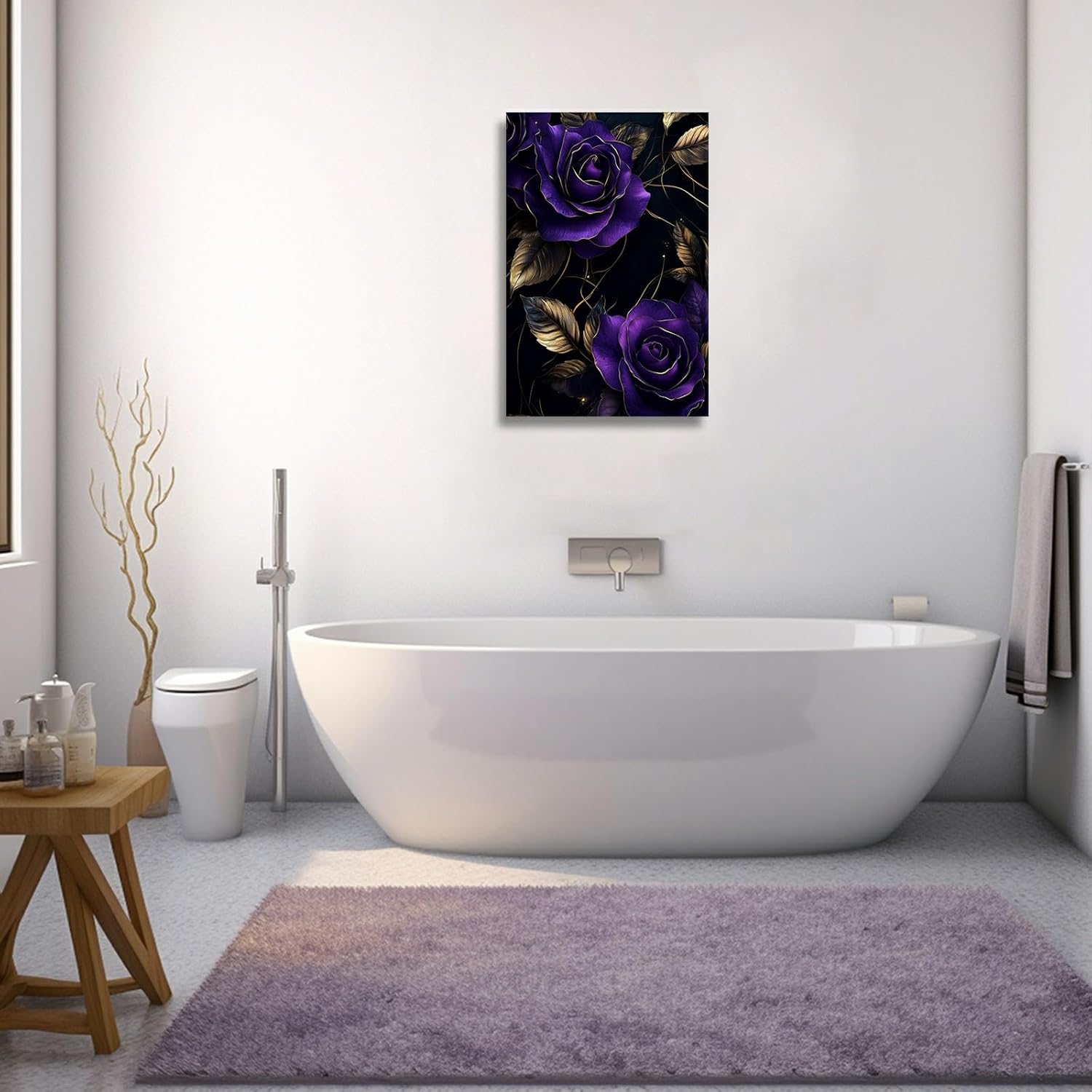 ZSHDEYMTOP Purple Gold Rose Wall Art Abstract Black Gold Purple Rose Flowers Pictures Elegant Golden Leaves Floral Canvas Prints Modern Artwork for Bathroom Decor Frame (Black,18L x 12W)