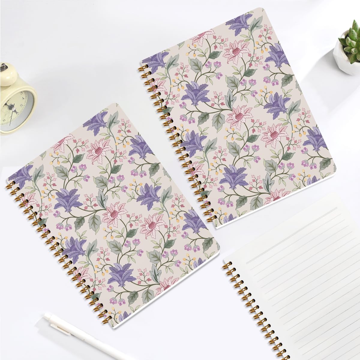 2 quaderni a spirale viola floreale da donna, con copertina rigida, diario di viaggio a righe universitarie, diario di viaggio per scrivere appunti, bohémien, viola, rosa, regalo per donne, 21,1 x