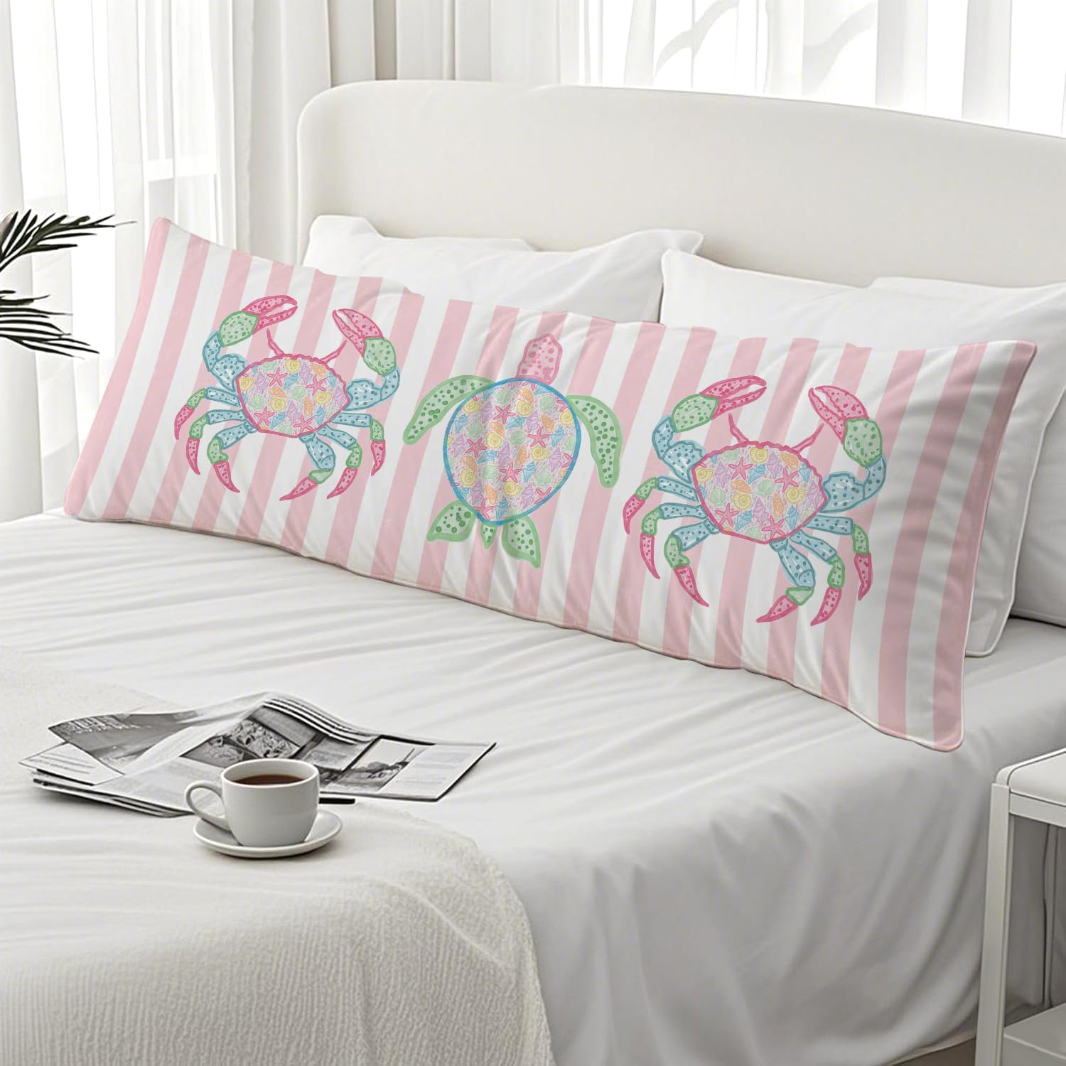 Preppy Beach Sea Turtle Crab 20x54 Pink Striped Body Pillow Cover, Girly Summer Coastal Decorative Long Body Pillow Cases for Girls Room Bedroom Dorm Apartment Bed Couch