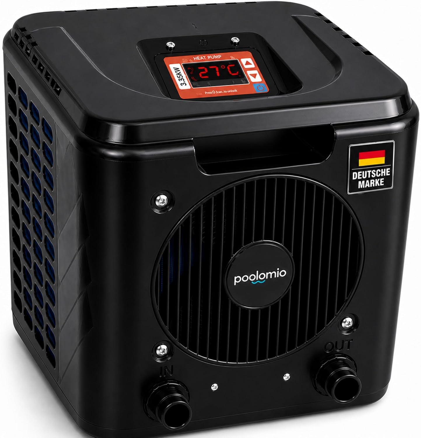 poolomio® Mini Pompe à Chaleur pour Piscine 3,75 KW avec contrôle par Application WiFi - Chauffage Efficace de Piscine COP 4,84 pour piscines Hors-Sol et Petites piscines jusqu'à 15 000 litres