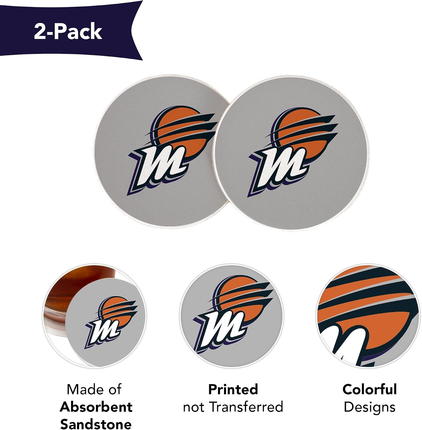 Desert Cactus Phoenix Mercury Car Accessories WNBA Women's Basketball League Absorbent Sandstone Cup Coasters Licensed Product Set of 2 (Design C)