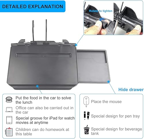 Miniatura 3 de CPROSP Bandeja de asiento para volante de automóvil, plegable, portátil, con cajón para ratón, para comer, escribir, trabajar en el automóvil, con