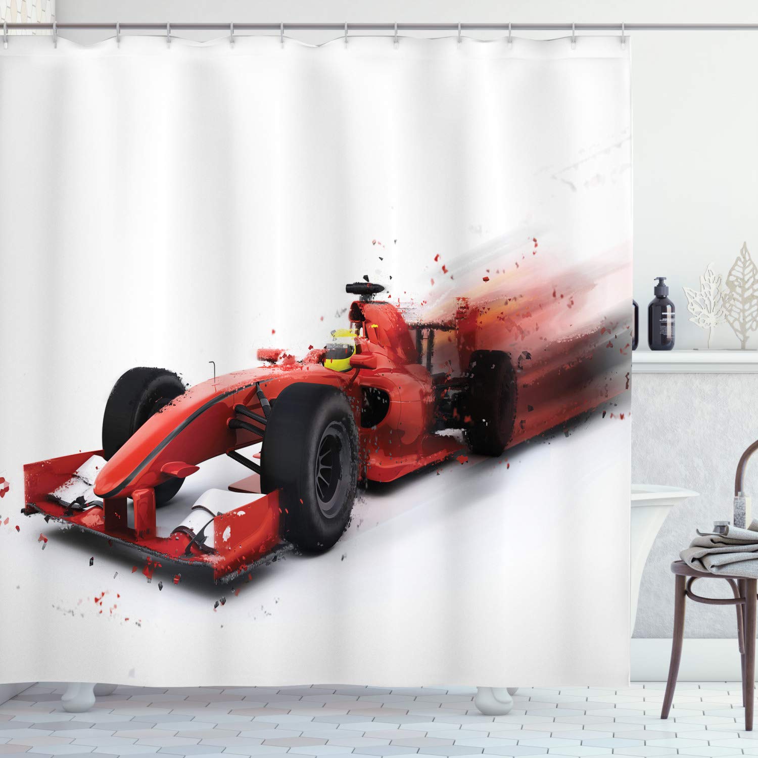 ABAKUHAUS Cars Shower Curtain, Generic Formula Racing Car Illustration with Special Effect Turbo Motion Auto Print, Cloth Fabric Bathroom Decor Set with Hooks, 94 Inches, Black and Red — image 1