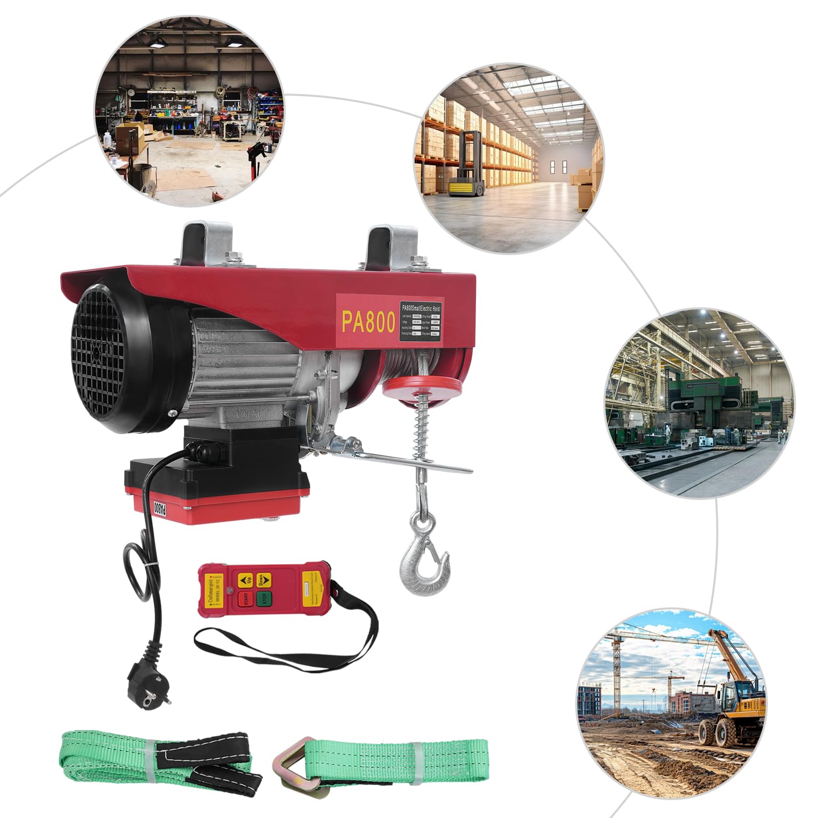 Kettenzug | Flaschenzug |Seilzug | Elektrischer Hebezug 800kg Tragkraft | 1450W Motor mit Fernbedienung (80m Reichweite) | 12m Stahlseil & Doppelhaken | Für Industrie, Bau & Lager