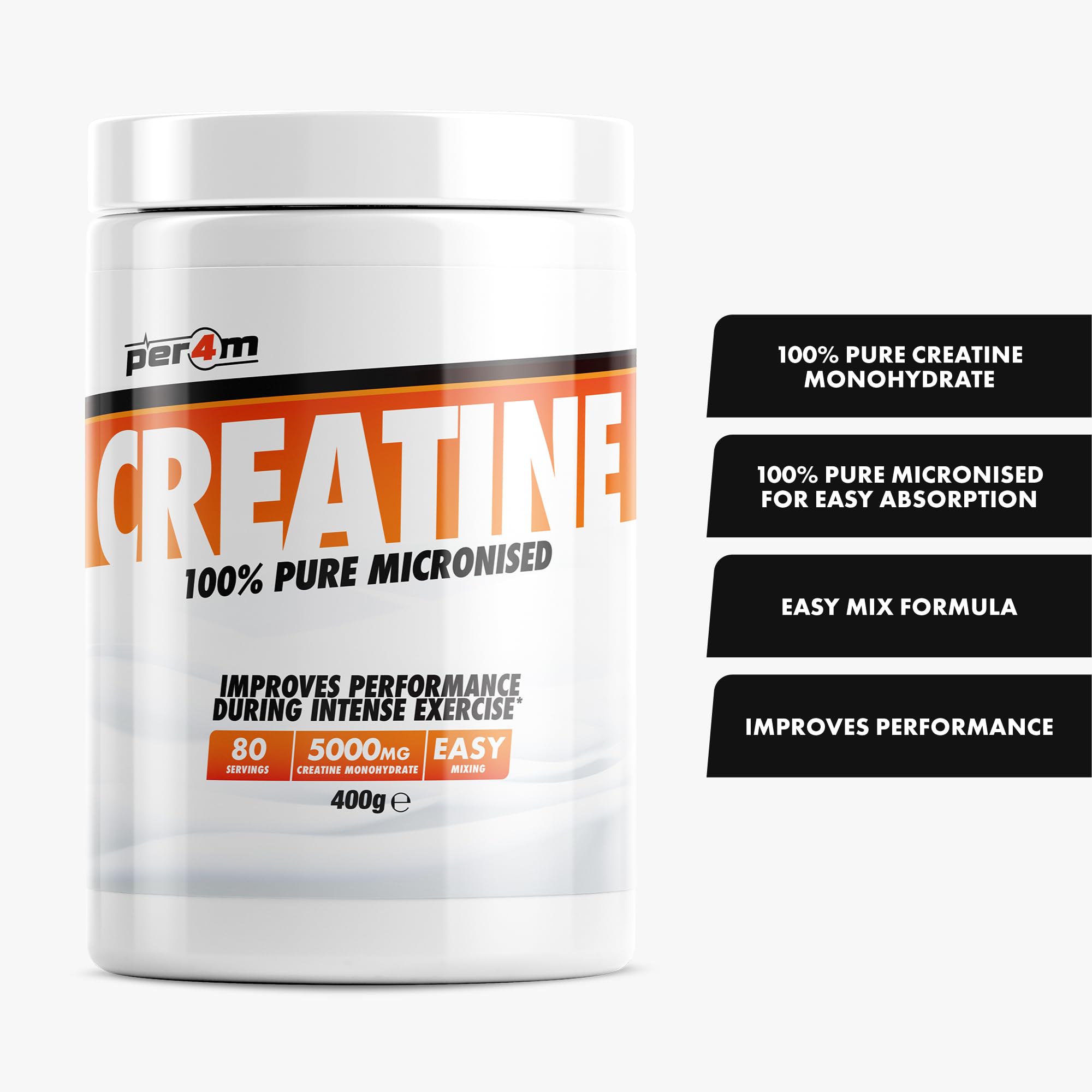 Per4m Creatine, Mikronizowany Monohydrat Kreatyny, Wzrost Siły i Mocy Mięśniowej, Budowanie Masy Mięśniowej, Suplement Diety dla Aktywnych Sportowców Siłowych, Wysoka Czystość – Bezsmakowy – 400 g