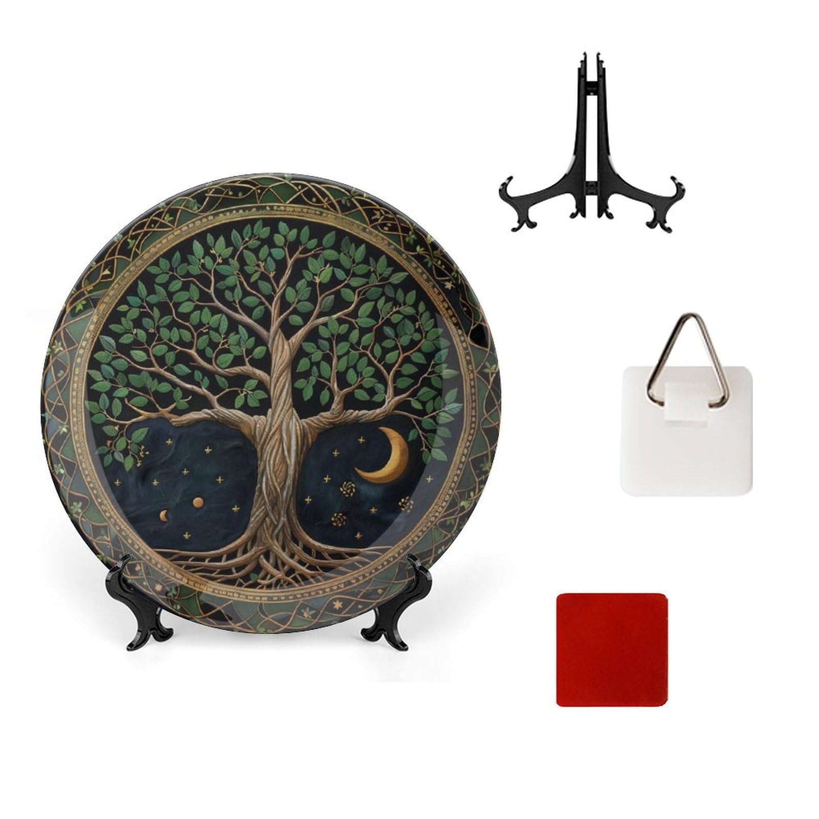 WNICELIN Tree of Life Hippie Bone China Decorative Plate Ceramic Decorative Plate for Home Office Wall Decor, with Vertical Stand Decorative Plates for Home Club