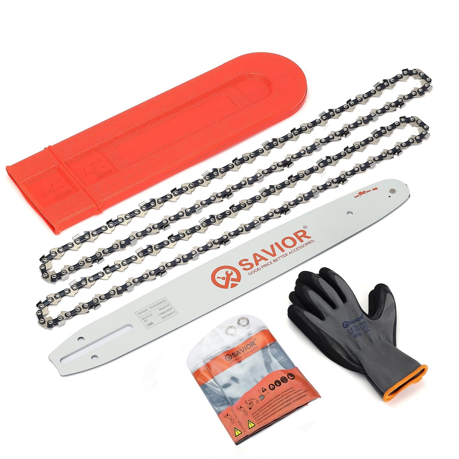 SAVIOR Juego de 2 cadenas de sierra con protección de espada y espada de 35 cm, 3/8 pulgadas LP 1,1 mm 52 TG, compatible con Makita DUC353Z UC3510A UC3520A UC3541A, Bosch y más