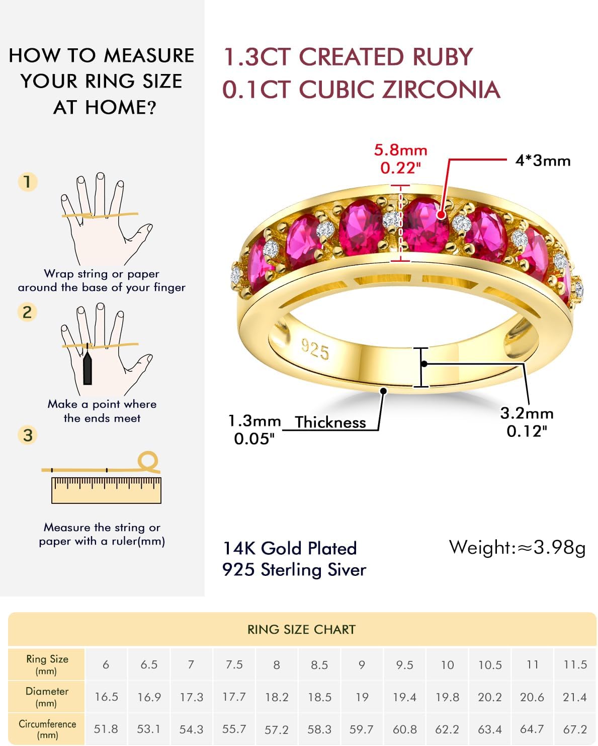 DAYBYDAY Oval Band Rings for Women, 925 Sterling Silver/14k Gold Plated Half Eternity Ring, Aquamarine/Ruby/Emerald/Sapphire Birthstone Rings, Thick Band Gemstone Anniversary Ring Size 6 to 10 - Image 6