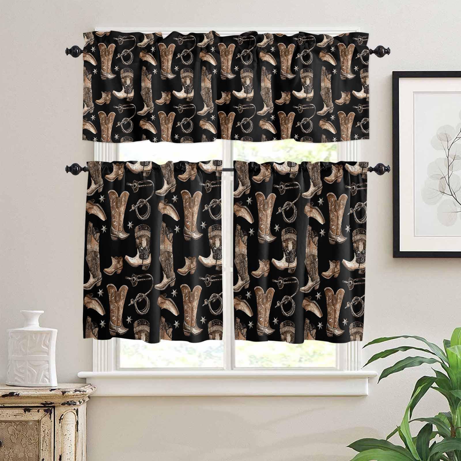 Brown Black Cowboy Kitchen Curtains 24 Inch Length, 3 Piece Rod Pocket Small Half Tiers and Valance Set, Country Western Vintage Small Large Window Treatment Decor for Bedroom/Bathroom Sink