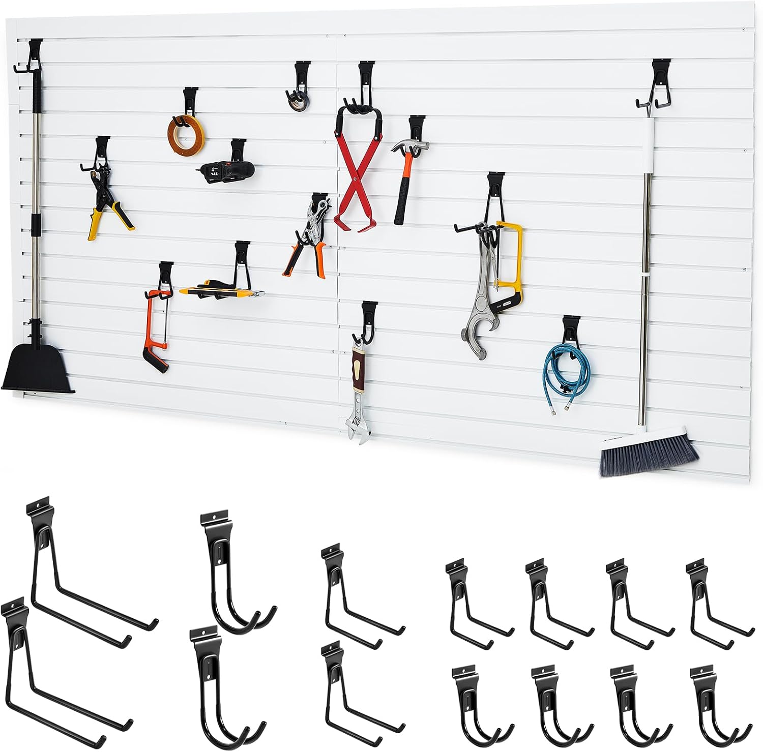 Pickmesh 8x4 Ft PVC Slat Wall Panel With 14 Hooks - Garage Wall Organizer System, White