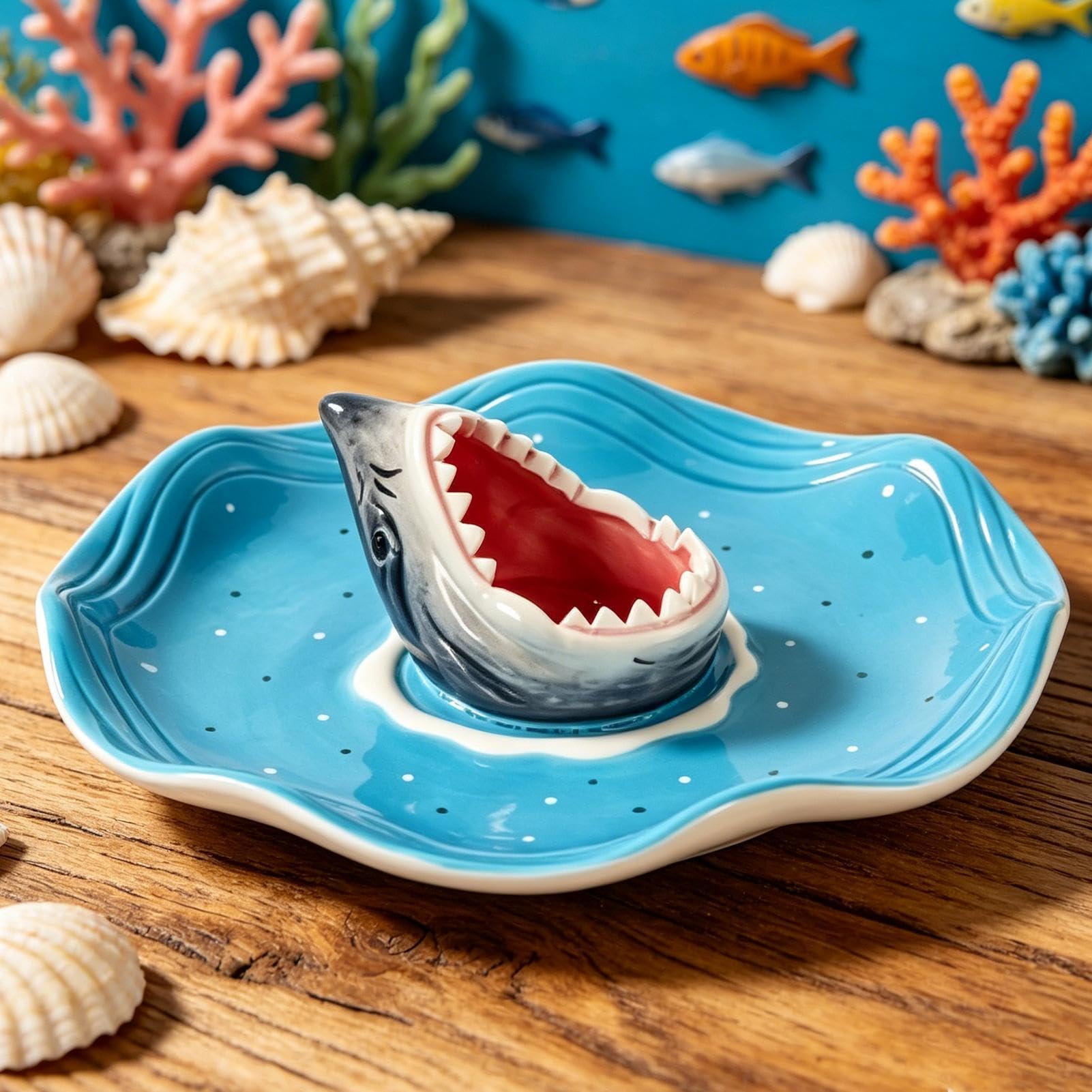 Vassoio Squalo per Sushi in Ceramica Dipinto a Mano per Frutti di Mare | Vassoio Ceramica Antipasti per Antipasti, Hamburger, Cheeseburger, Gamberetti, Sardine, Snack, Popcorn, Pesce,