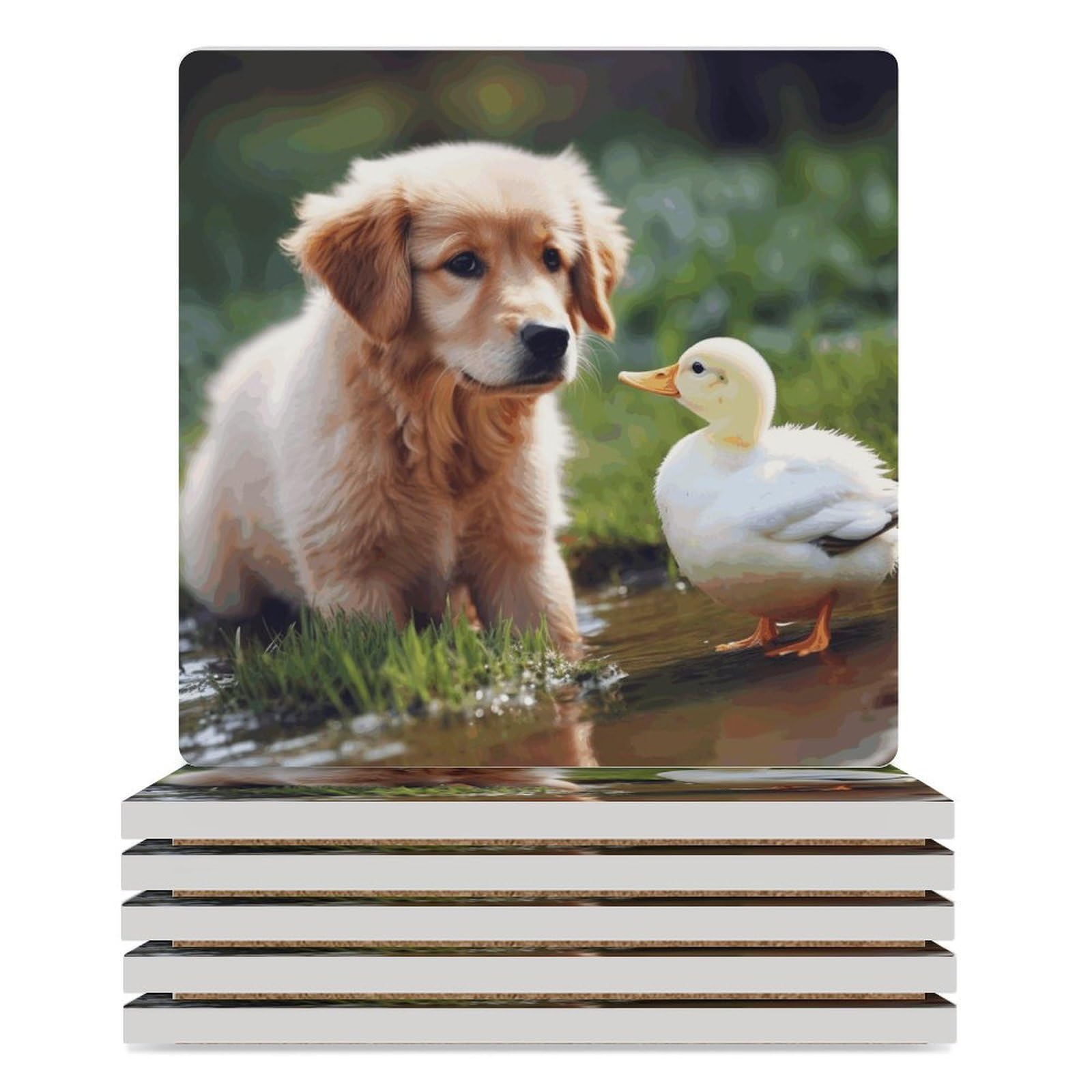 Dessous de verre en céramique lot de 6 carrés imprimés chien et canard pour la table