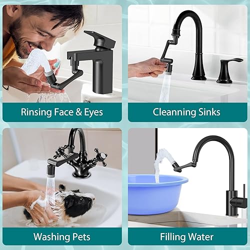 Miniatura 7 de CECEFIN Aireador de fregadero extensor de grifo giratorio de 1440, extensión de filtro de salpicaduras de gran angular de 1080 + 360 con 2 salidas