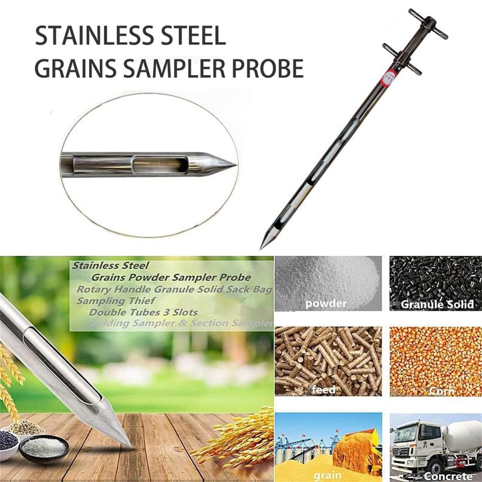 Campionatore per Sonda per Cereali, Tubo di Campionamento Rotante in Acciaio Inossidabile per Cemento Fertilizzante a Granuli Solidi, (0,5 M/1 M/1,5 M),1.5m
