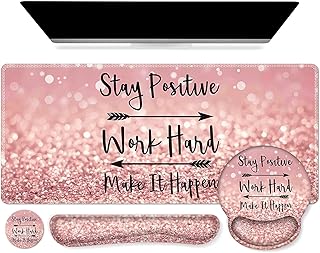 iCasso Mouse Mat Set, Gaming Mouse Pad with Wrist Support, 4in1 Large Mouse mat + Keyboard Wrist Rest+Mouse Wrist Rest+Coaster Set with Ergonomic Design for Home Office（Rose Gold)