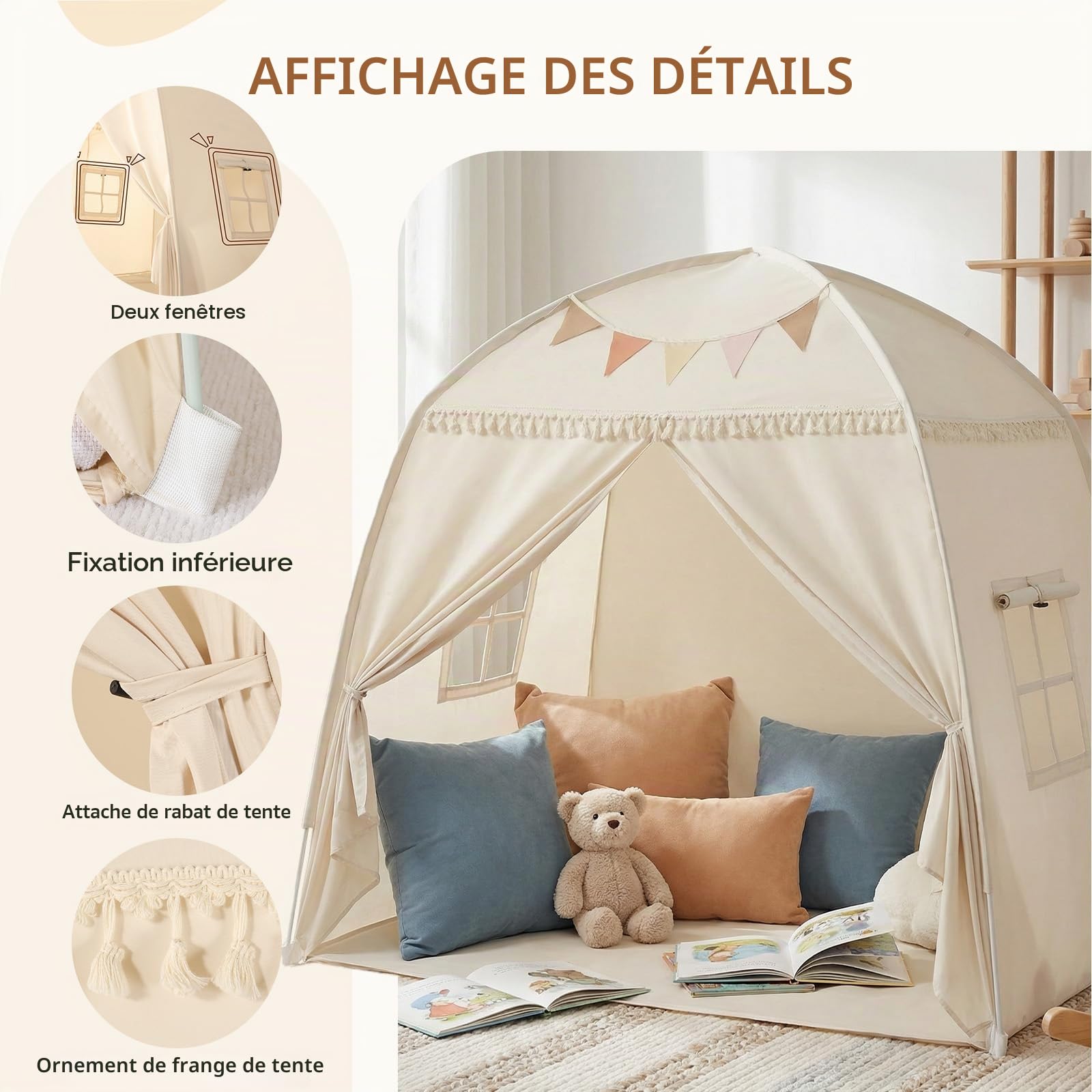 Grande Tente Tipi pour Enfants : Tente pour Enfants Garçons et Filles Maison de Jeu Intérieure Auvent Lit pour Salle de Jeux Cadeau Jouet (Crème)