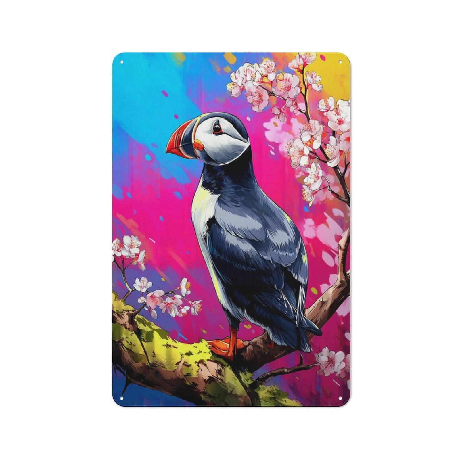 Junmoney Puffin Perched On Blossom Branch Tin Sign 30X20cm With For Living Room Wall, Rustic Decor, For Living Room Decor Lovers
