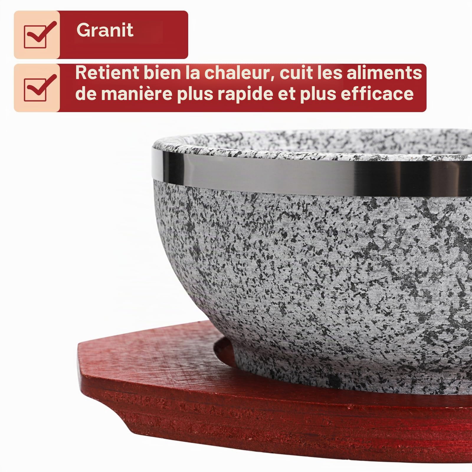 Lot de 2 bols à soupe en pierre coréenne avec plateaux en bois Dolsot Bibimbap en granit