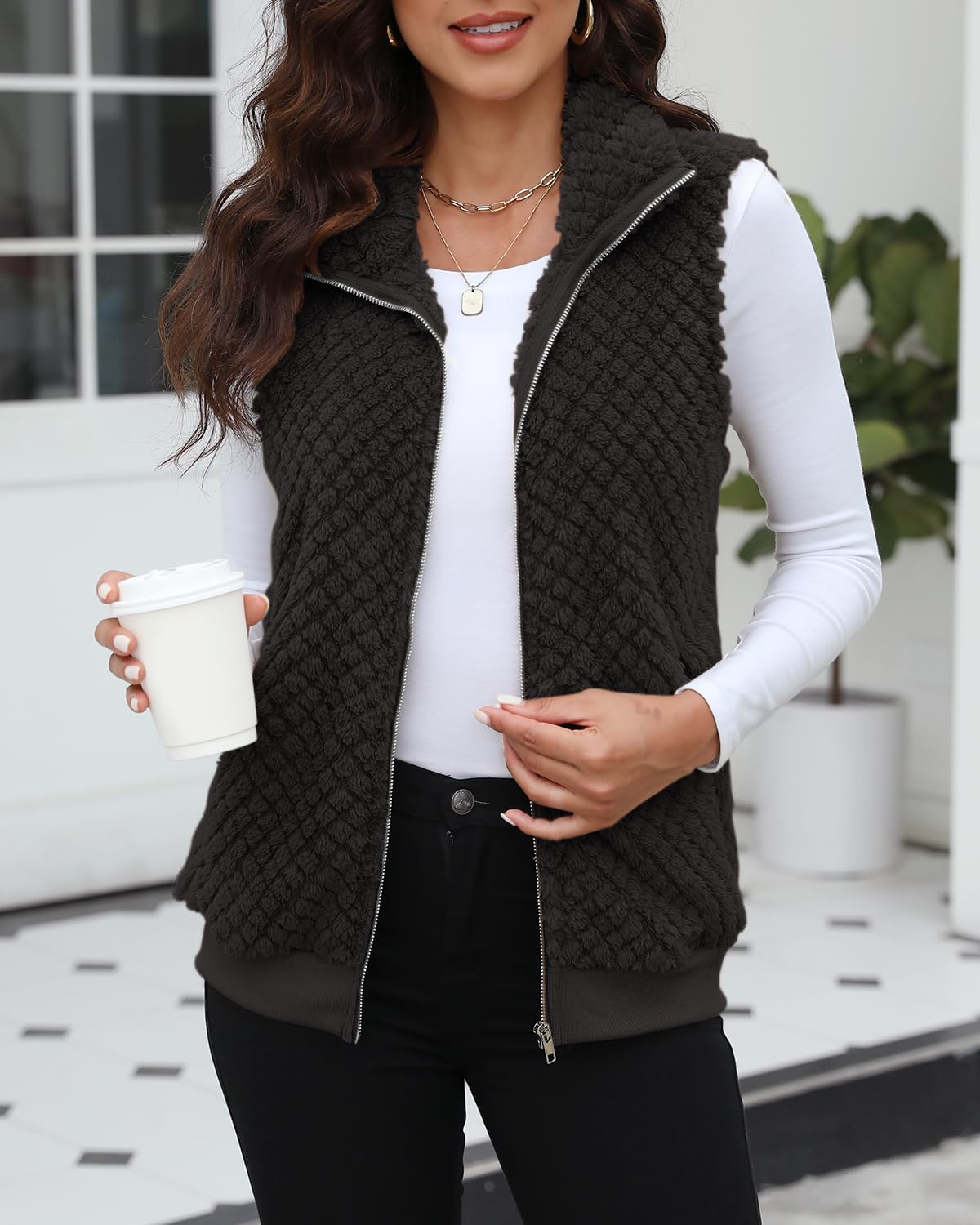 ReachMe Womens Fleece Sherpa Vest Winter Sleeveless Fuzzy Fluffy Checkered Plaid Vest Zip Up Jacket with Pockets