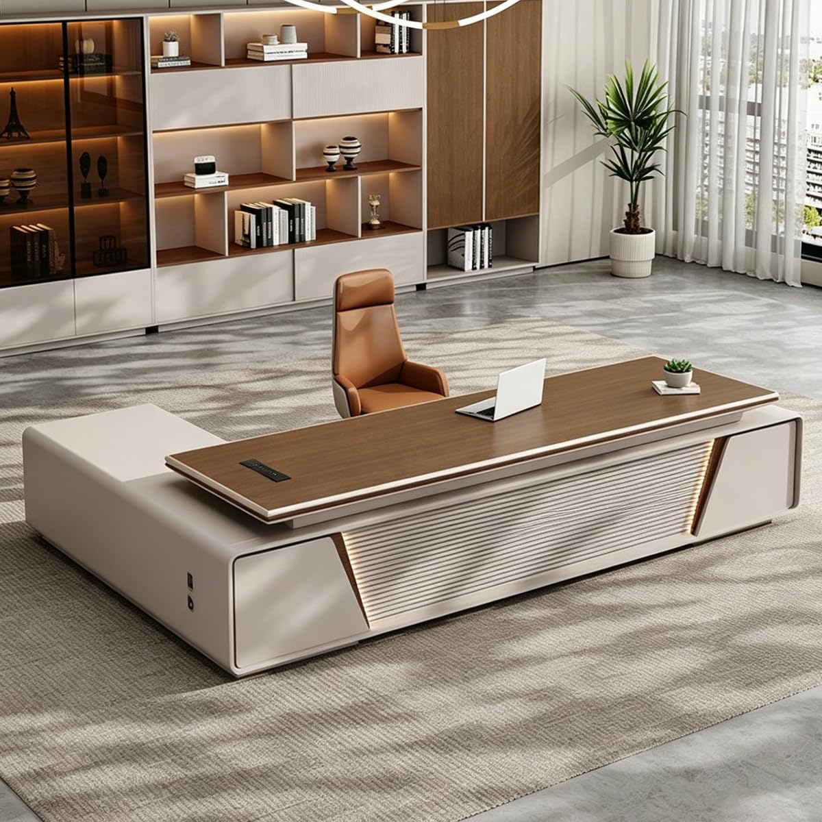 DUWEIKE L-Shaped Executive Desk, Modern Office Table with Storage Shelves & Built-In Outlet, Wood Writing Computer Desk for Work, Study,1.8m