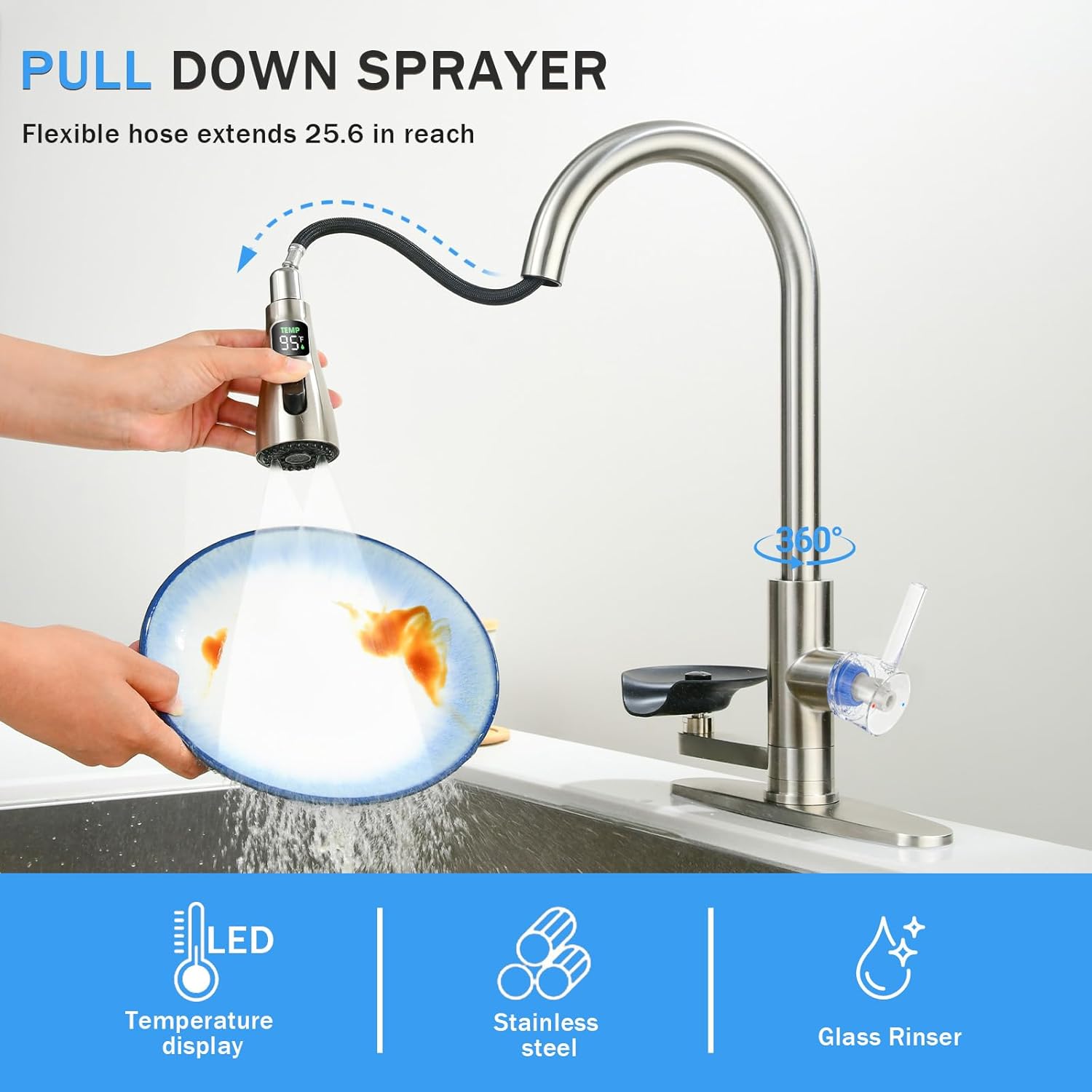 Kitchen Faucet with Glass Rinser, Pull Down Sink Faucet with 3 Spray Modes and High Pressure Glass Rinser, Temperature Display High Arc Stainless Steel Kitchen Faucets (Brushed Nickel)
