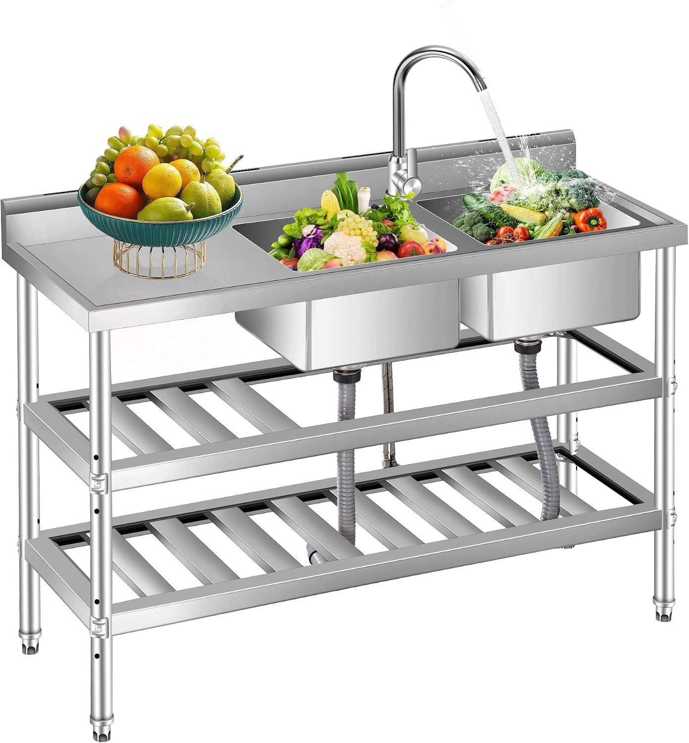 Stainless Steel Utility Sink with Faucet & Workbench, Commercial Freestanding Double Bowl Sink with Hot & Cold Water Pipes, Storage Shelf for Restaurant, Kitchen, Garage, Laundry, Outdoor (47in)