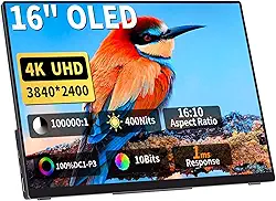 Monitor portátil OLED de 16 polegadas 4K 16:10, 3840 x 2400p, 100% Adobe RGB, 10 bits, 400 nits, contraste 100.000: 1, monitor de viagem ultrafino com capa Seelve, externo para laptop, Mac, PC