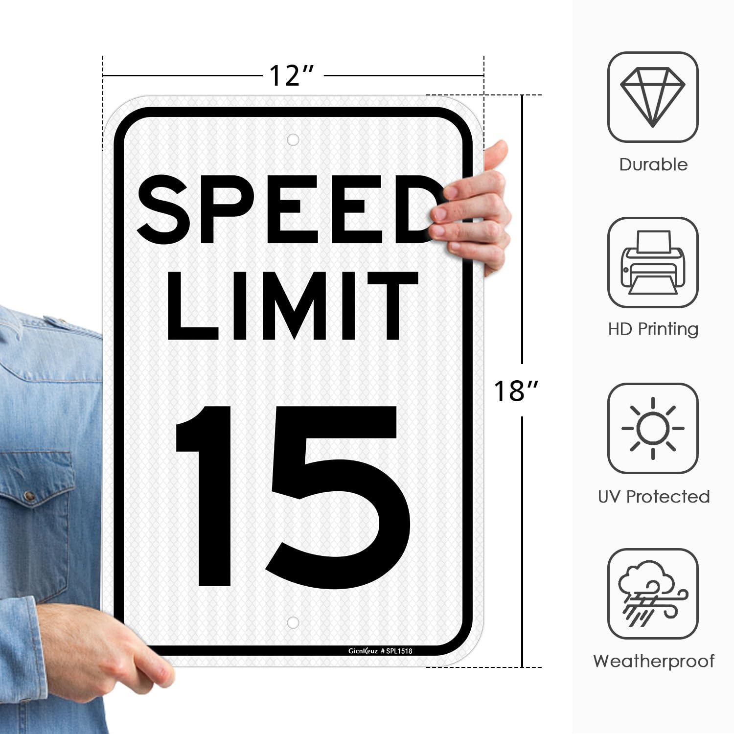 GicnKeuz Speed Limit 15 MPH Sign, 18" x 12" Slow Down Sign, Traffic Engineer Grade Reflective Aluminum, Fade Resistant, 2 Pre-drilled Holes, Outdoor Use (1-Pack) — Amazon image 2