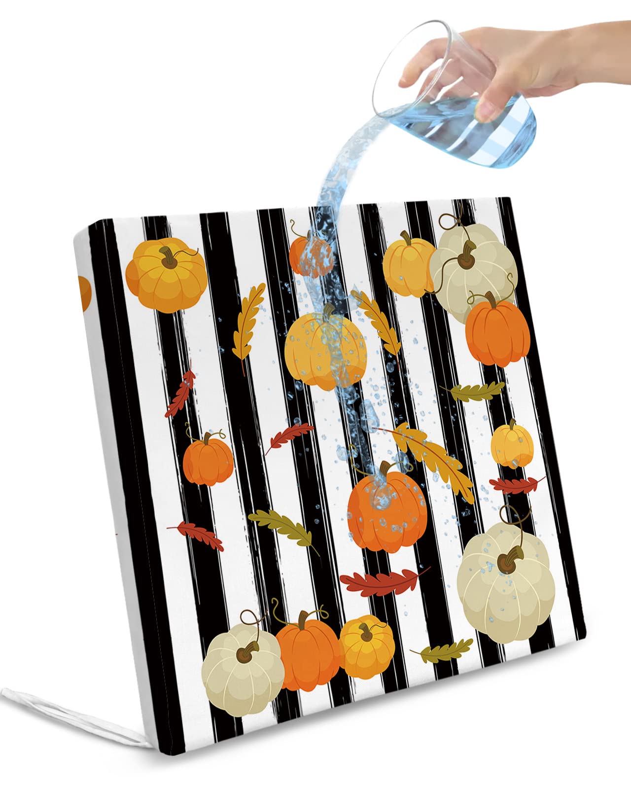 Outdoor Chair Seat Covers, Thanksgiving Fall Harvest Pumpkin Leaves Waterproof Cushion Cover Black White Stripes Furniture Protector Slipcovers for Dining Room Party Event Chairs 2 Pack 20x18In