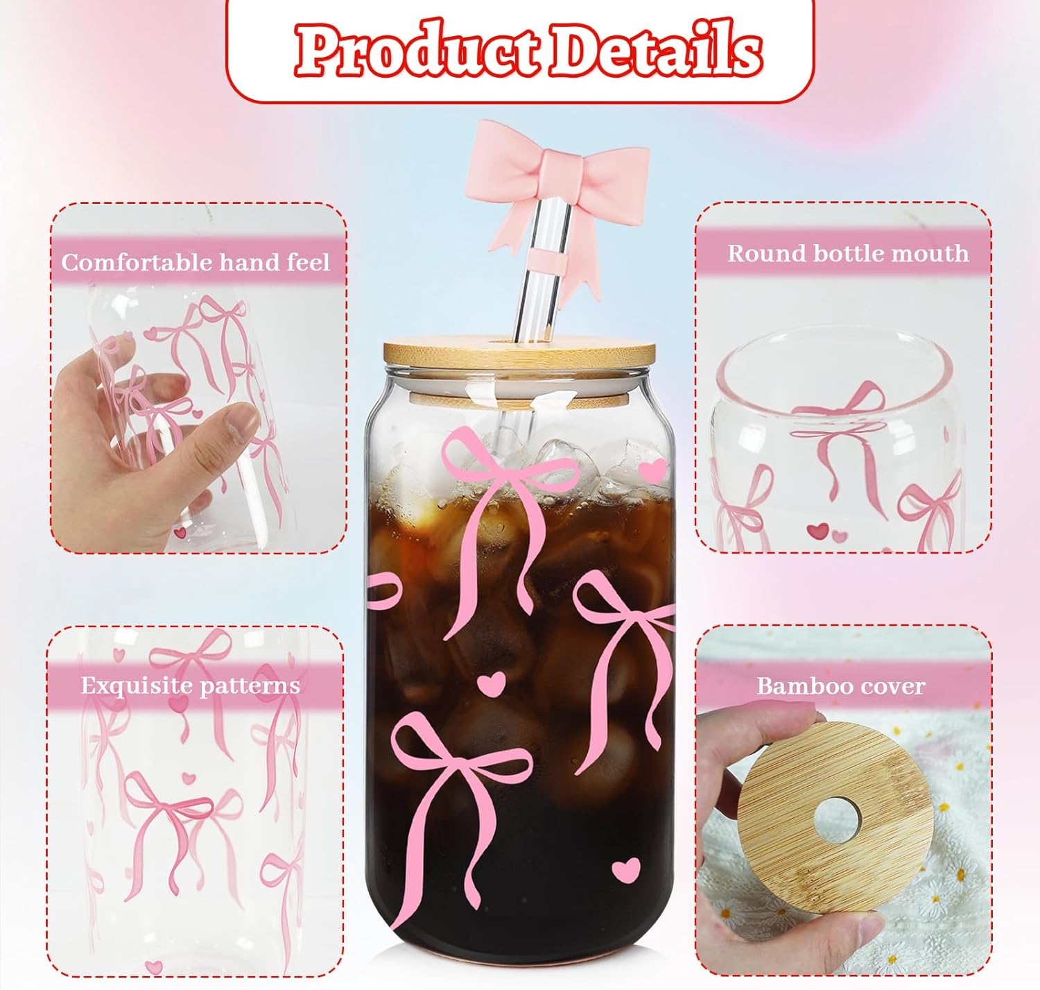 Mason Life Coquette Pink Bow Cute Glass Cups with Lids 2Pack 18OZ Cute Tumbler Glass Cup with Keychains and Straw Covers for Valentines Day Gift Iced Coffee Smoothie Cocktail Matcha Milk Mother's Gift - Image 4