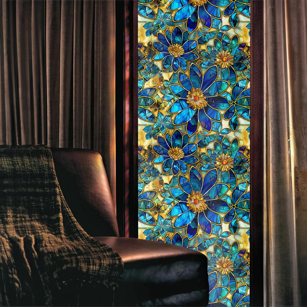 16“x118 Blue Glitter Flower Boho Double Side Window Films Art Decorative Window Privacy Tinting Film Self-Adhesive Static Glass Window Clings Stickers for Living Room Bathroom Glass Windows Decor