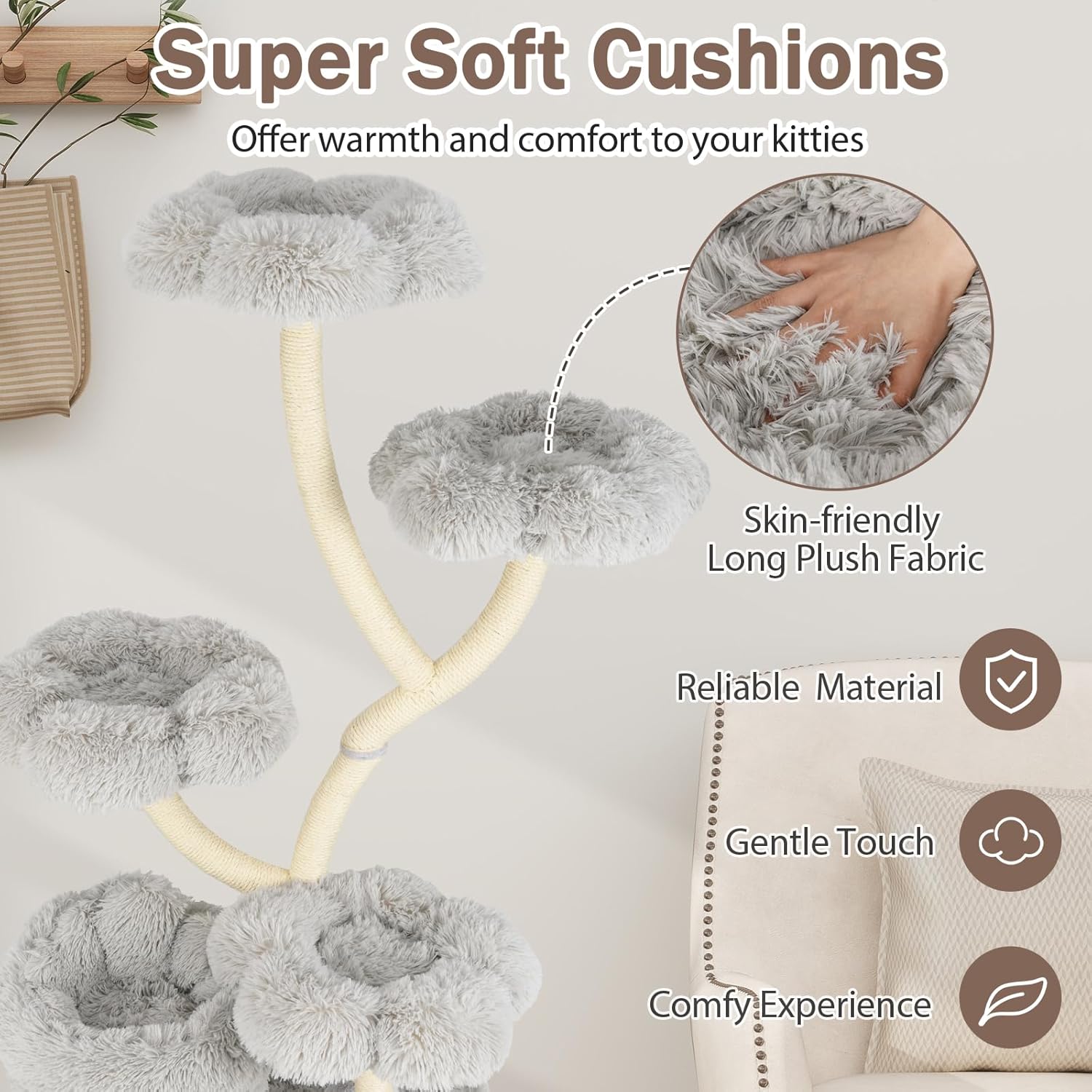 Tangkula Cat Tree Tower, 65 Inch Tall Cat Tower with Sisal Scratching Posts, Flower-Shaped Platforms, Padded Cat Condo, Modern Cat Tree for Indoor Cats Large Adult (Gray)