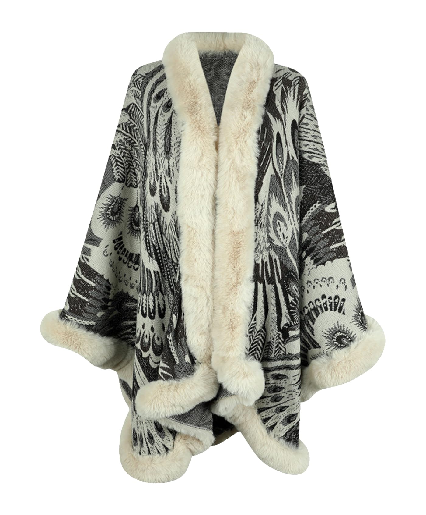 Antinson Womens Faux Fur Trim Coat Shawls Wrap Winter Vintage Open Front Cardigan Poncho Cape Cloak