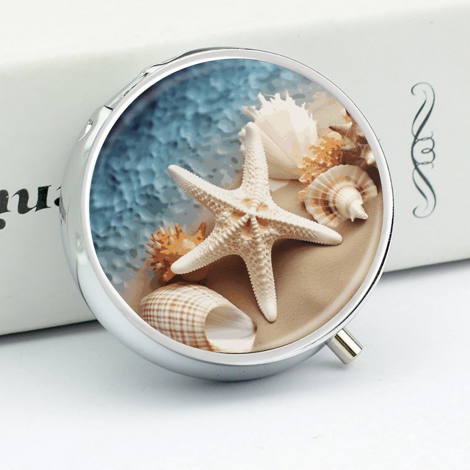 Round Daily Starfish Coral Seashell Pill Case with 3 Compartment & Mirror image 4