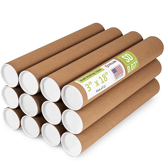 3" x 18" Reinforced Kraft Paper Mailing Tube, Pack of 12 Tubes with 24 Caps – Secure USPS Approved Poster Tube – Cardboard Tube for Shipping and Storing Posters, Prints, Artwork, or Documents