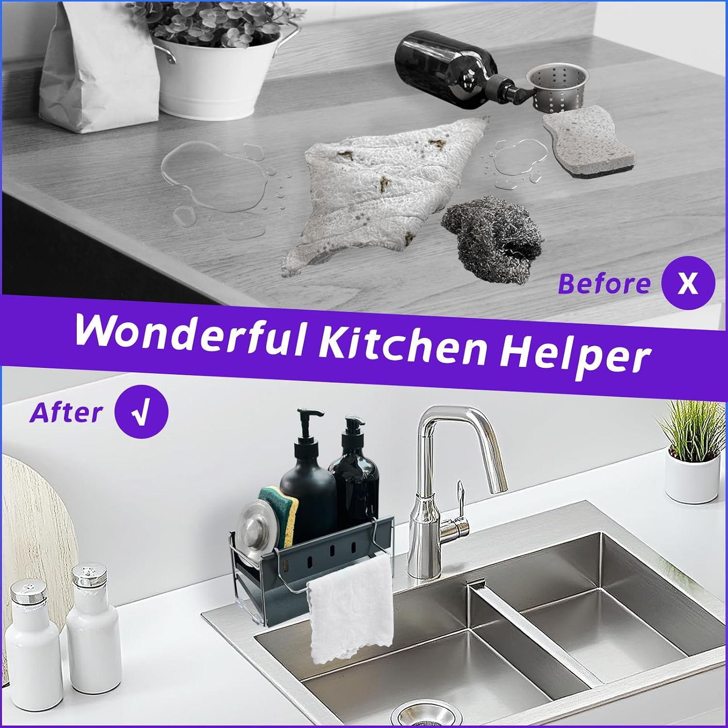 Daily Treasures Sponge Holder for Kitchen Sink, 45° Slope Auto-Draining Tray - Stainless Steel Sink Caddy with Detachable Towel Rack, Non-Slip Narrow Fit Soap Dispenser Organizer for Small Sinks(Grey)