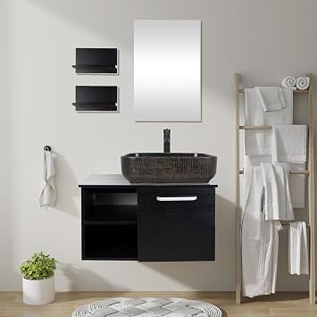 28 Inch Wall Mounted Bathroom Vanity and Ceramic Sink Combo with Mirror and ORB 1.5GPM Water Saving Faucet and Pop-up Drain Set Modern Lavatory Floating Vanity with Counter Top Sink
