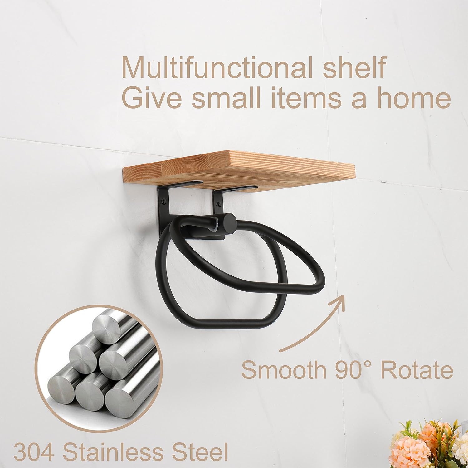 TocTen Hand Towel Holder for Bathroom Wall Mount Towel Ring with Wooden Shelf, Premium Metal Hand Towel Rack, Bathroom Accessories Rustic Hand Towel Hanger for Bathroom Kitchen RV(Matte Black) image 5