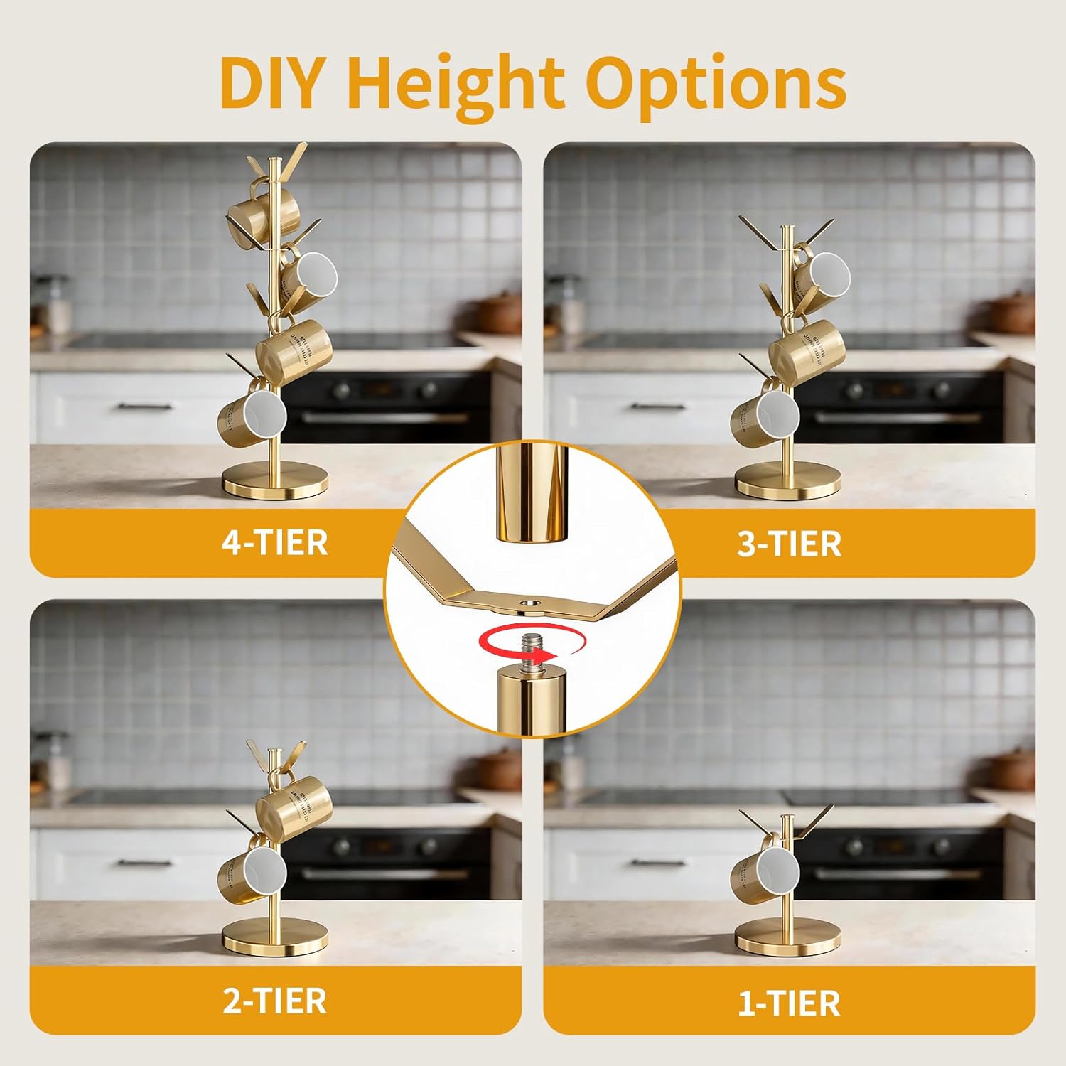 Stainless Steel Mug Holder Tree, Updated Thick Coffee Cup Holder Base, Coffee Cups Stand Mug Holders with 8 Hooks for Countertop Cup Rack Organizer Stand (Gold)