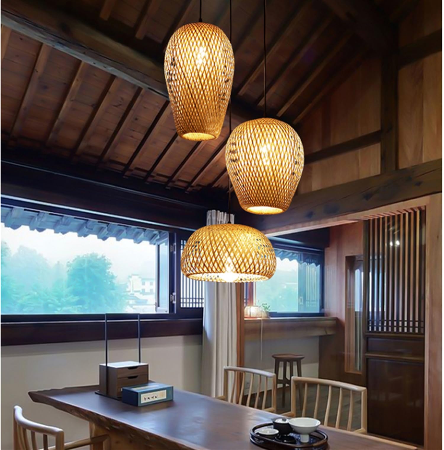 Lampada A Sospensione 3-Fiamma E27 Vintage Natural Bamboo Lantern, Retro Lampada In Rattan DIY Altezza Regolabile Lampadario Hanging Soffitto Per Sala Pranzo Camera Da Letto Bar Illuminazione Soffitto