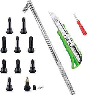 LOGOL Tire Valve Stem Puller Tools Set–1 x Valve Stem Installer.10 Pcs Snap-in Valve Stems with Valve Stem Cores(5 x TR412,5 x TR413).1 x Valve Core Remover. 1 xUtility Knife