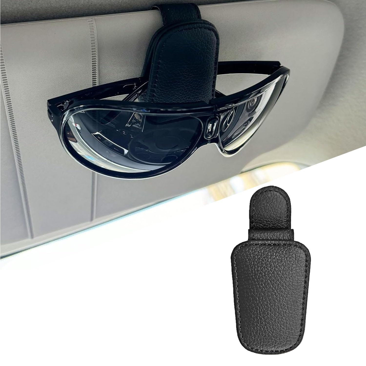 katmerio Soporte de gafas para visera de coche, accesorios de visera de cuero magnético para gafas de sol, soporte para gafas de sol, clip de ticket (negro)