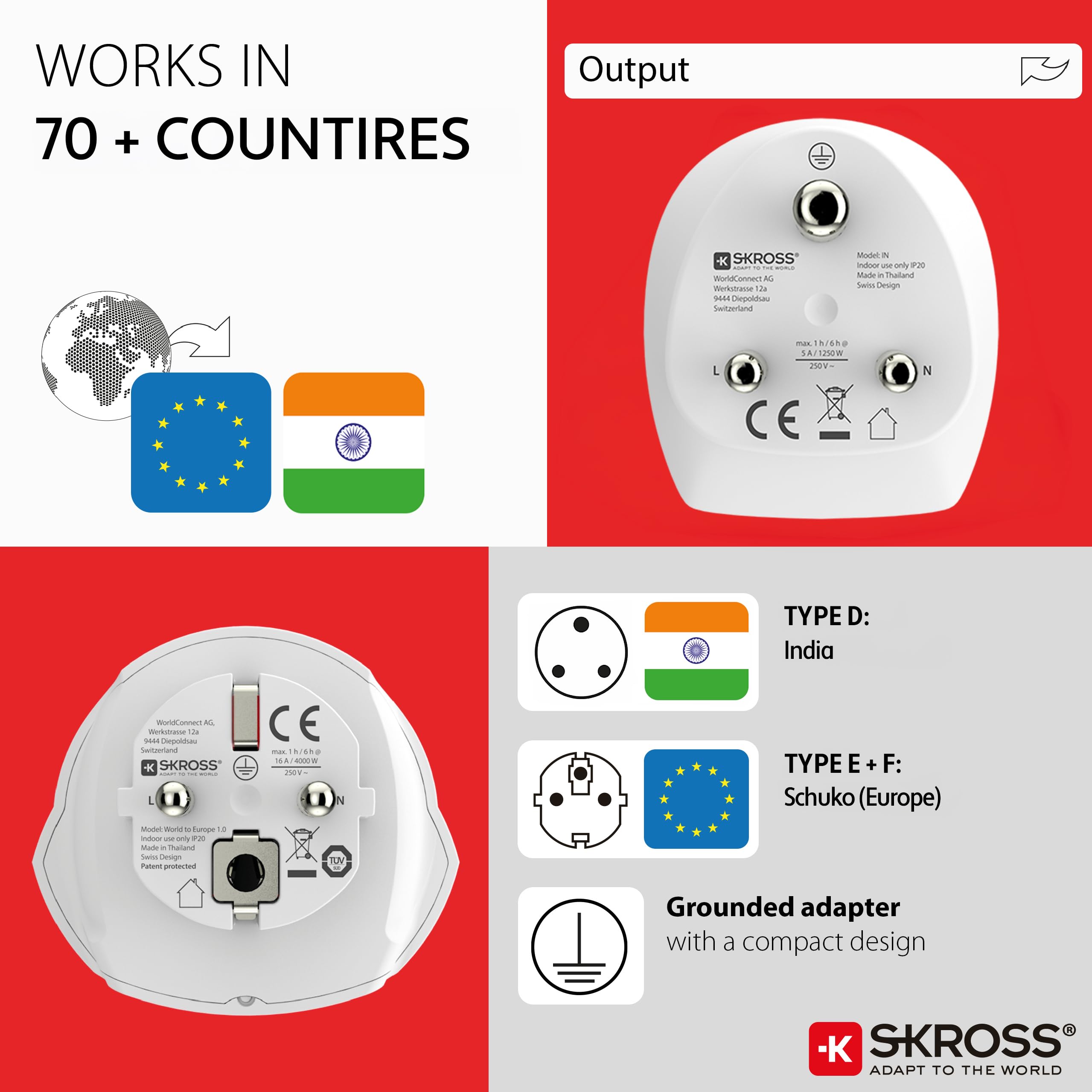SKROSS | 1.500215-E | World to India Combo | Międzynarodowy adapter podróżny - Napięcie i moc znamionowa: 100 V - 500 W/250 V - 1250 W. Ochrona przed wstrząsami elektrycznymi