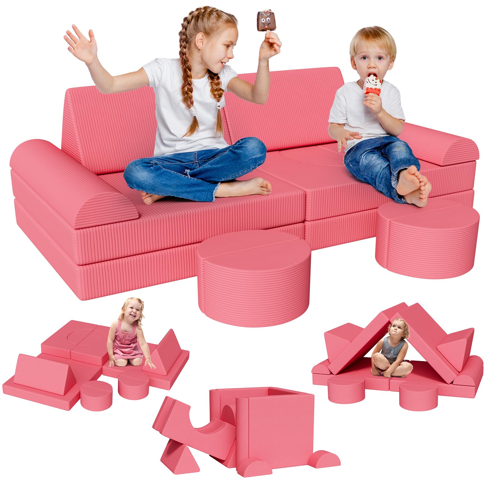 Clevich Canapé Modulable pour Enfants, Canape Enfant Convertible Confortable, Meubles de Chambre et de Salle de Jeux pour Tout-Petits, Possibilités de Jeux Infinies, Velours Côtelé (Rose)